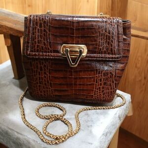 Vtg Frenchie Of California Crocodile Embossed Brown Gold Chain Purse Bag